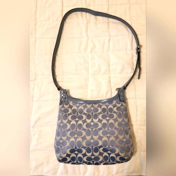 Coach Penelope Canvas Sateen Patent Leather Crossbody Purse, Blue/Gray - Picture 4 of 16